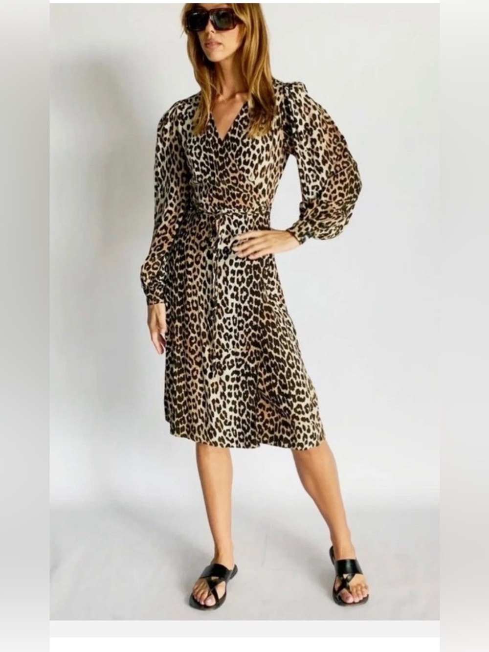 Ganni leopard-print wrap dress long sleeves size 34 new